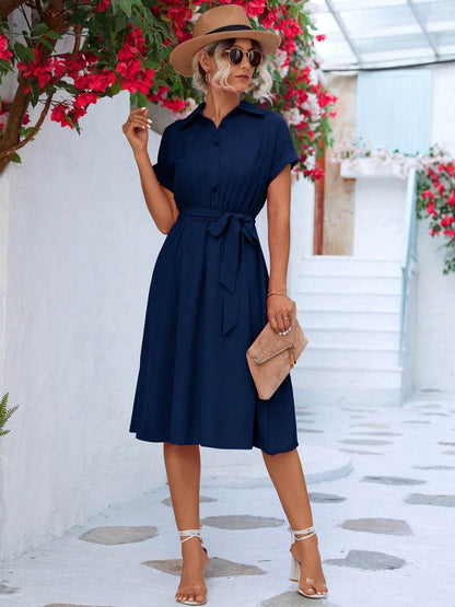 Buttoned Tie Waist Short Sleeve Dress Dark Blue Trendsi 215c62f7-4f8f-44b3-9458-fa71c14c5779-Max