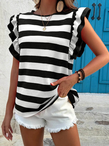 Contrast Striped Ruffle Sleeve T-Shirt Trendsi 215e976199814f3bb09468f027244d39-Max-Origin