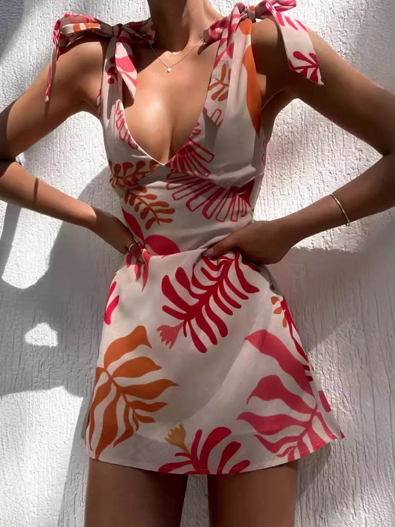 Printed Tie-Shoulder Mini Dress Picture Color Trendsi 21621f9139914d6583d194940f124f8a-Max-Origin