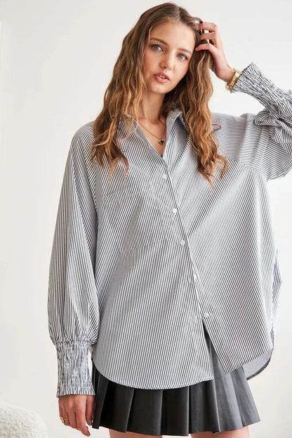 ADORA High-Low Striped Button Down Smocked Lantern Sleeve Shirt Trendsi 217778ba-33a3-4c5f-a728-7c29068558c3-Max