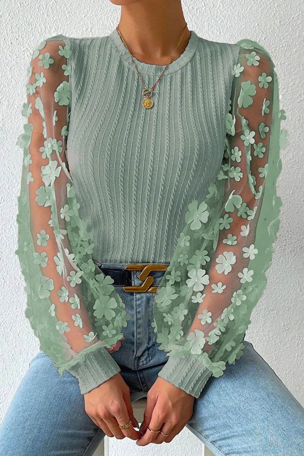 Textured Applique Long Sleeve Blouse Sage Trendsi 2184aa77-1772-4e93-9697-c909e0661f1c-Max