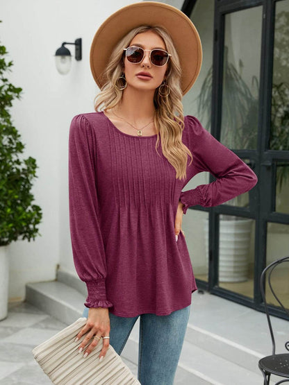 Smocked Round Neck Lantern Sleeve Blouse Cerise Trendsi 2199df764e2640138bf206cd2d3e46f2-Max
