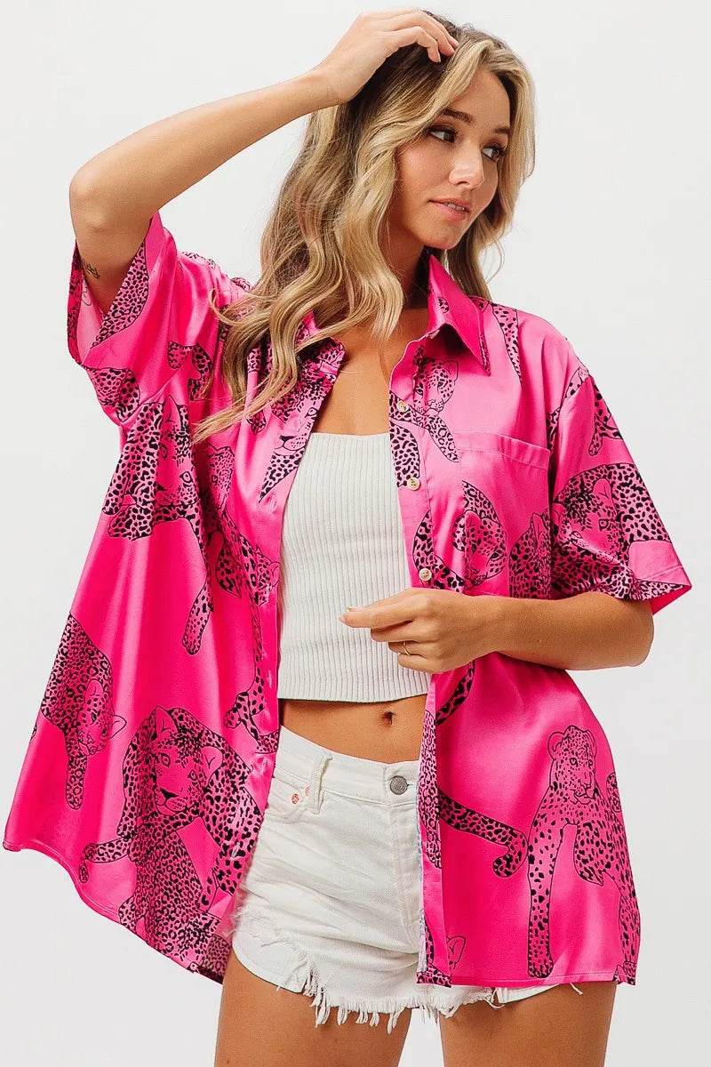 BiBi Leopard Print Short Sleeve Silky Satin Shirt Top Trendsi 21aae9b193f04b6092053b7c84377c47-Max-Origin
