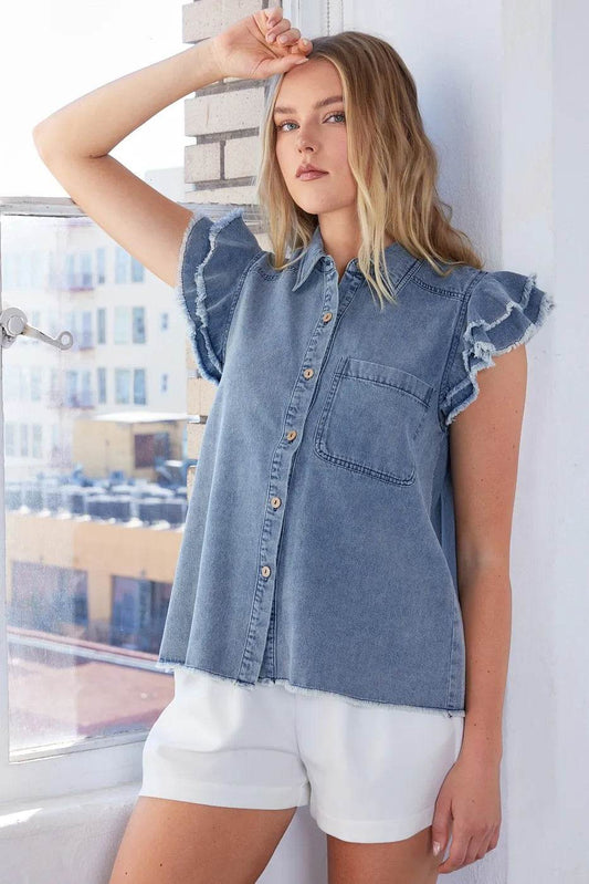 Mittoshop Washed Denim Ruffle Short Sleeve Collared Shirt DENIM Trendsi 21b0316f57b2401cabb1dba35ad9a885-Max-Origin