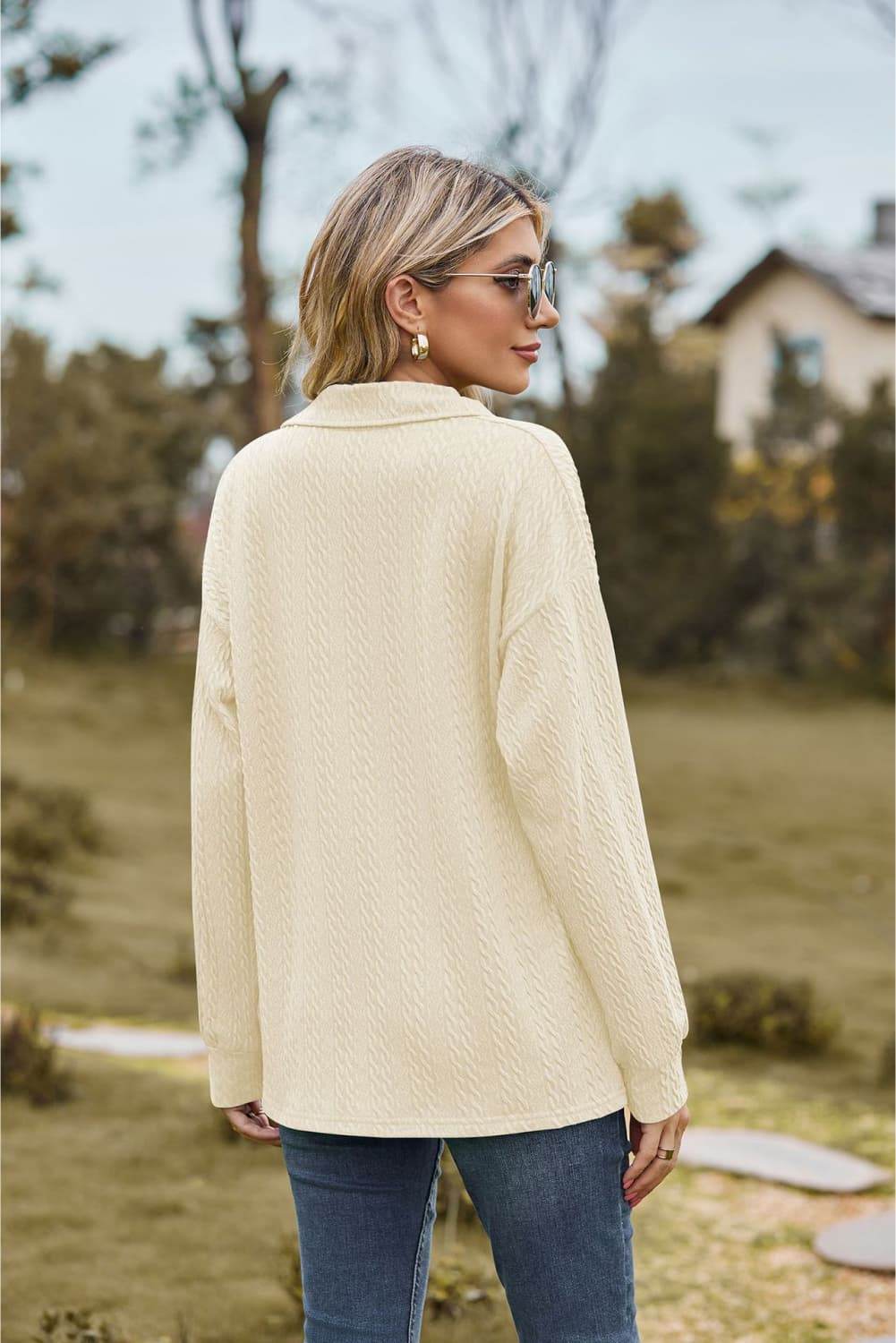 Collared Neck Cable-Knit Long Sleeve Blouse Trendsi 21bc73a207d641a9a182ca5bb9661989-Max