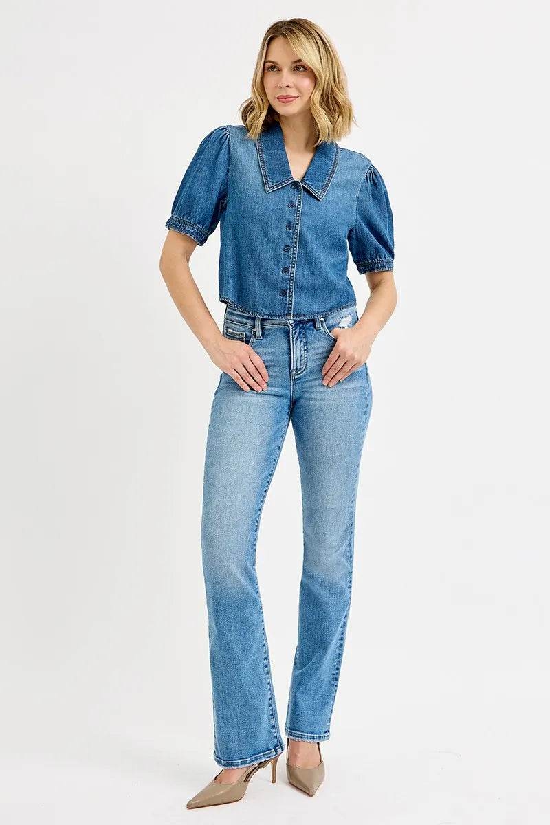 RISEN Button Down Puff Sleeve Crop Denim Shirt MEDIUM Trendsi 221395a97924482eadd9f597cf01eeaf-Max-Origin