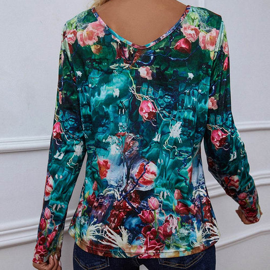 Shiny Printed V-Neck Long Sleeve Blouse Trendsi 2224cfc90f4c48c796d7b9fb95a4181f-Max