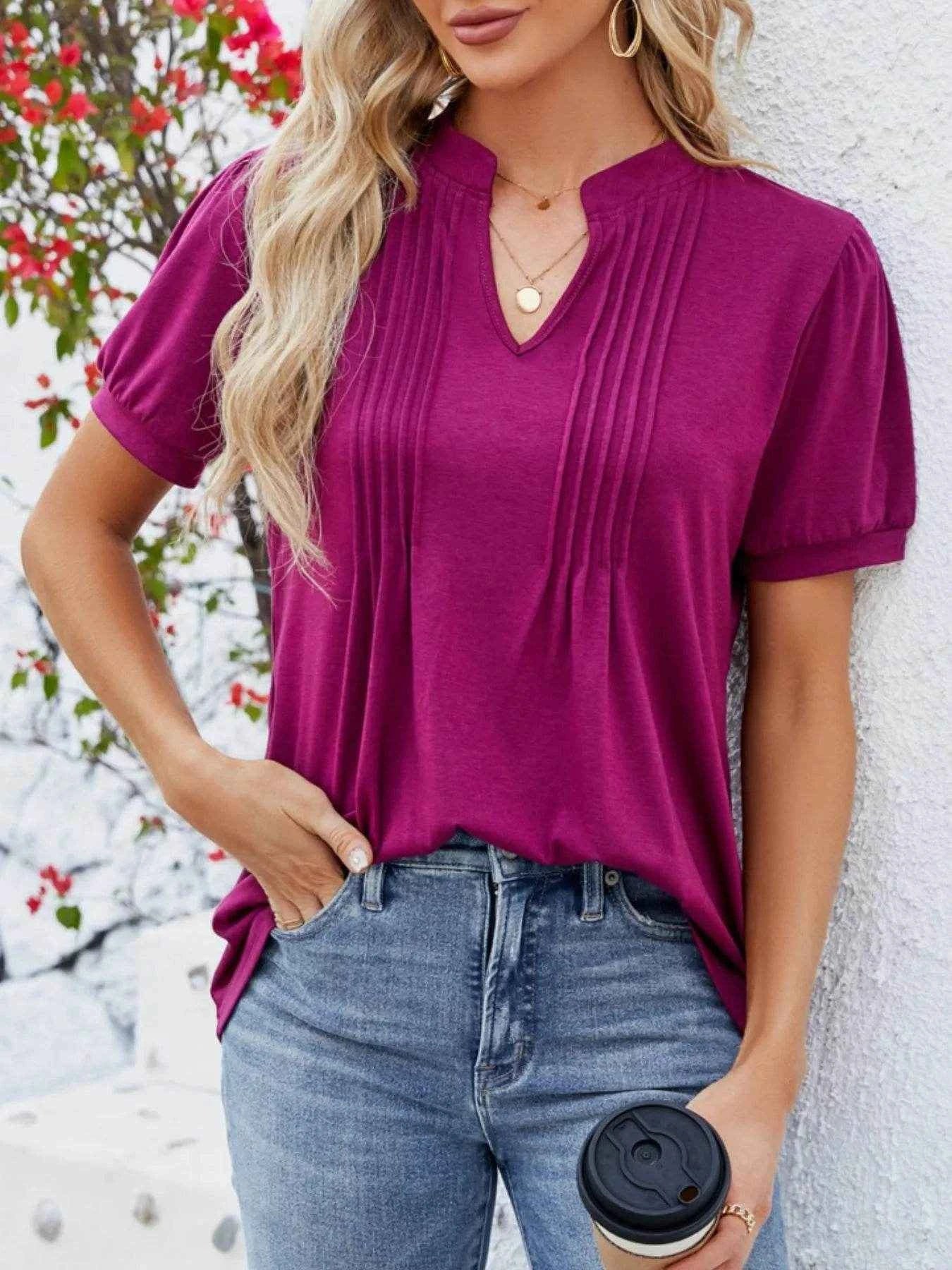 Notched Short Sleeve T-Shirt Wine Red Trendsi 22257732-259e-45d7-afc6-e5045e7a240d-Max-Origin