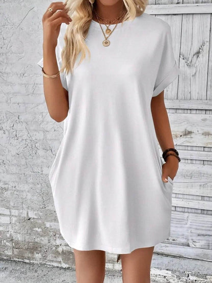 Pocketed Round Neck Short Sleeve Dress White Trendsi 2241a675-7764-4941-b685-547168c05080-Max