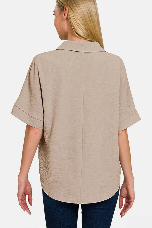 Zenana Texture Collared Neck Short Sleeve Top Trendsi 225ab4bc-9fd4-4787-9c36-0518918399fa-Max
