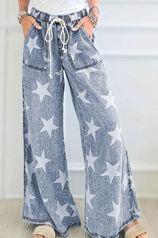 Star Print Washed Drawstring High Waist Wide Leg Jeans Medium Trendsi 22746928-3e82-4c3a-a08c-cf4ce1236c8f-Max
