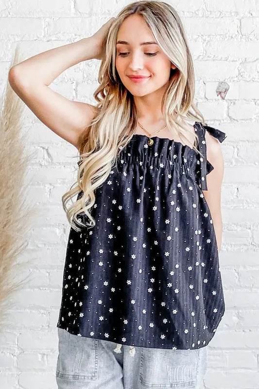 And The Why Daisy Polka Dot Print Ruffle Tank Top BLACK Trendsi 2285cf32129e4092bfc7748fca6c9a58-Max-Origin
