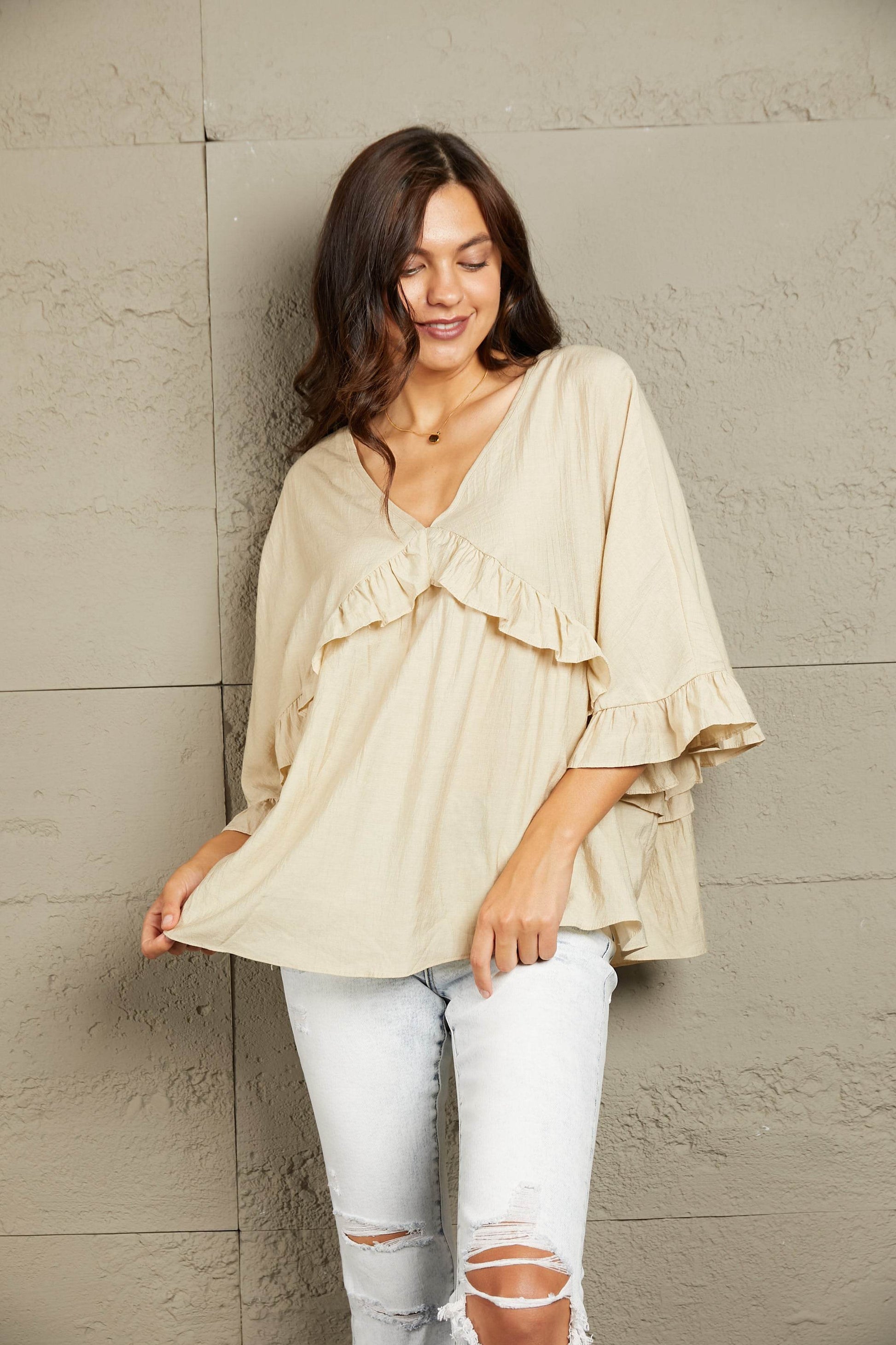 Ruffled V-Neck Half Sleeve Blouse Trendsi 228b024f725a4478ba4f0c6da4d8ae65-Max