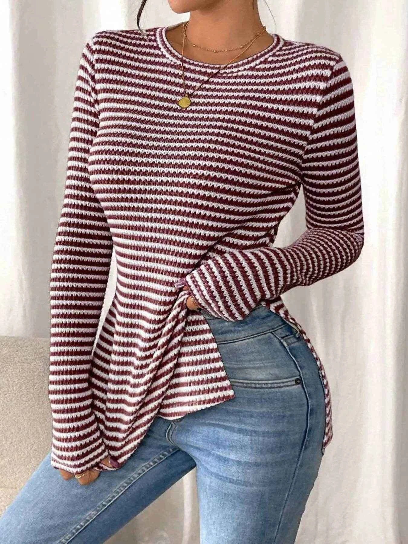 Side Slit Striped Long Sleeve T-Shirt Burgundy Trendsi 228fa34cf02e4520a82237075d5b5d36-Max-Origin