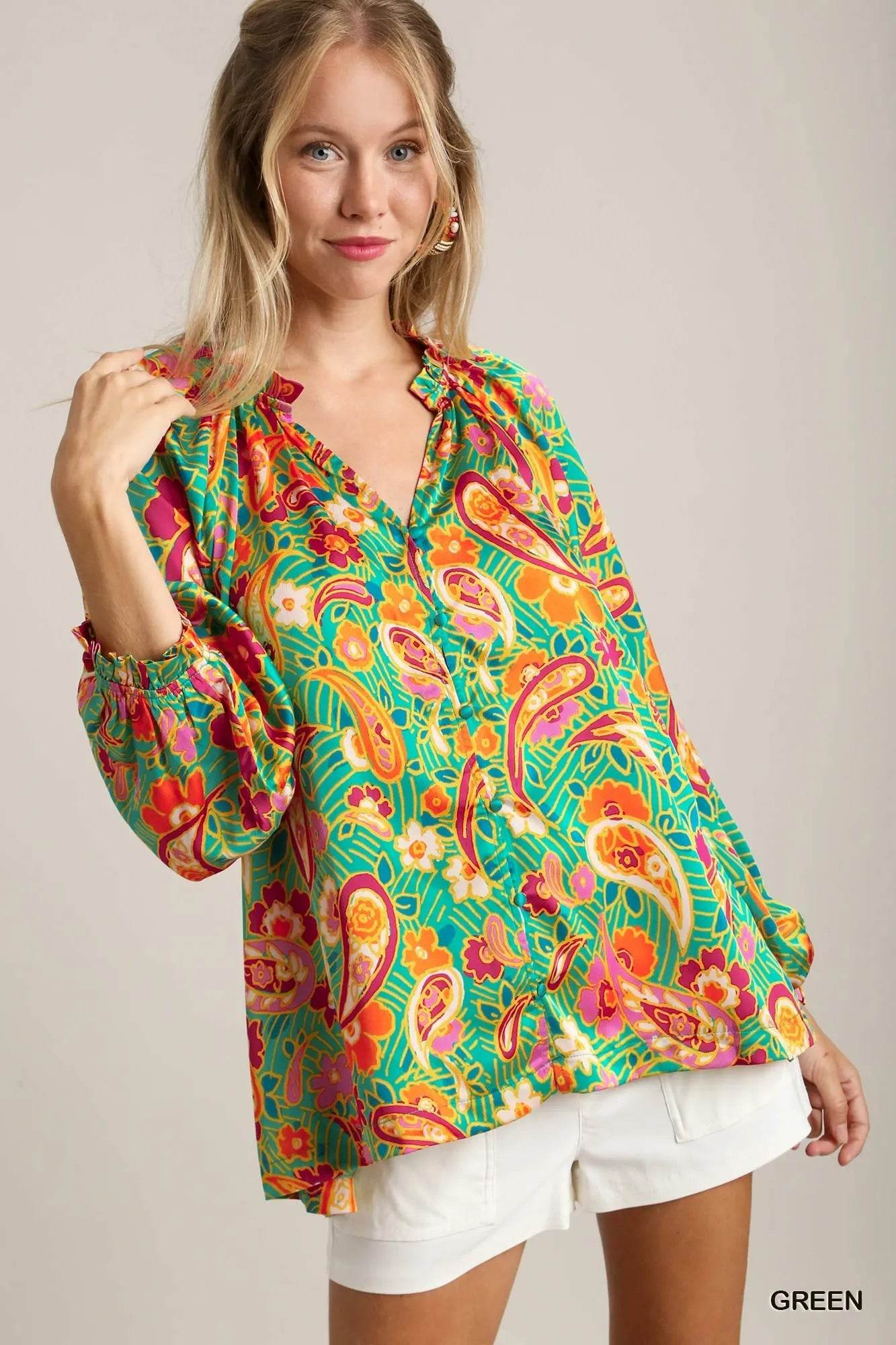 Umgee Satin Paisley Ruffle Neck Button-Up Shirt Green Trendsi 2294c39c-282b-43f6-a68d-554932adbdf3-Max-Origin
