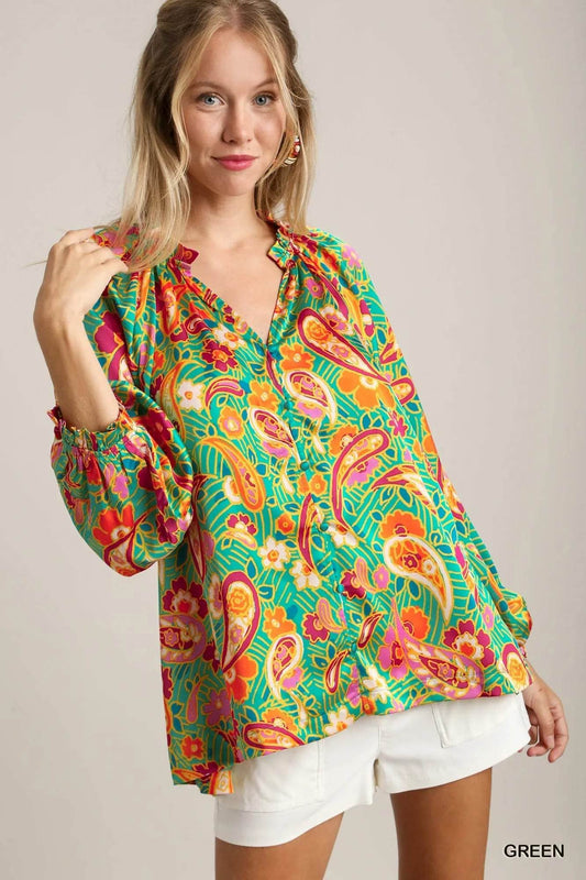 Umgee Satin Paisley Ruffle Neck Button-Up Shirt Green Trendsi 2294c39c-282b-43f6-a68d-554932adbdf3-Max-Origin