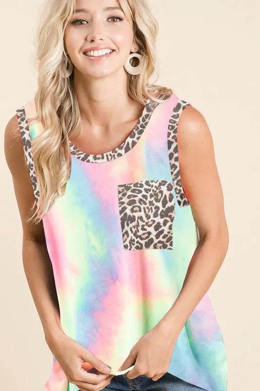 BiBi Sleeveless Tie Dye Top With Leopard Band Trendsi 22c050a3b71348be86f07758080184e0-Max-Origin