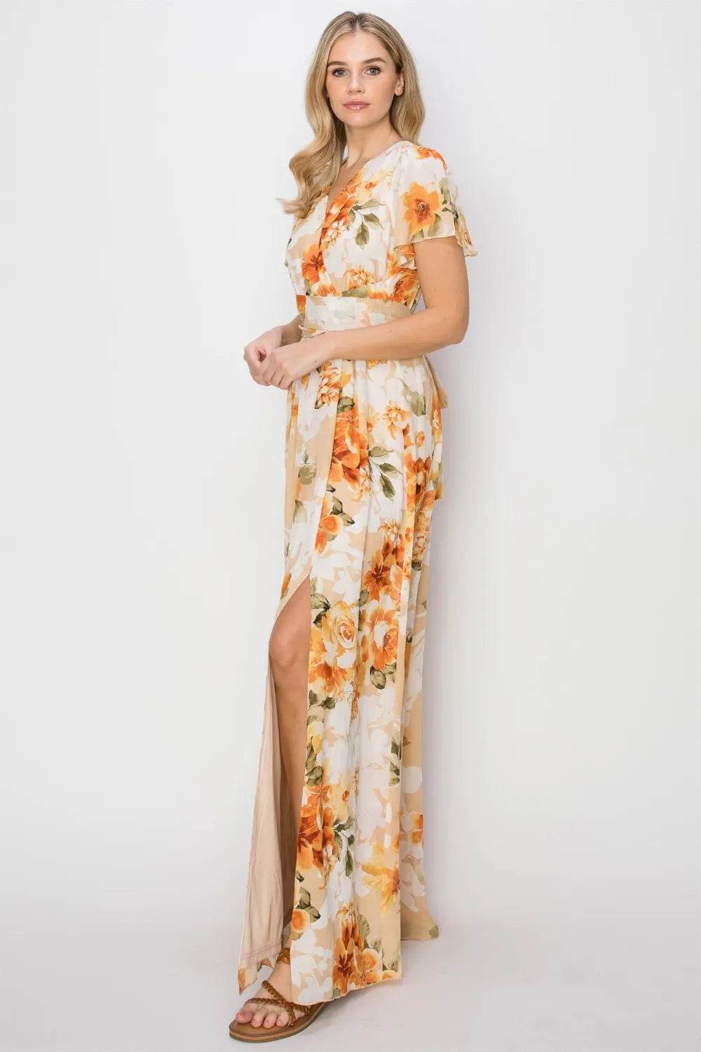 HYFVE Floral Tie Back Short Sleeve Slit Maxi Dress Trendsi 22d4d68a-6b18-411b-9f9c-448c51ae5614-Max