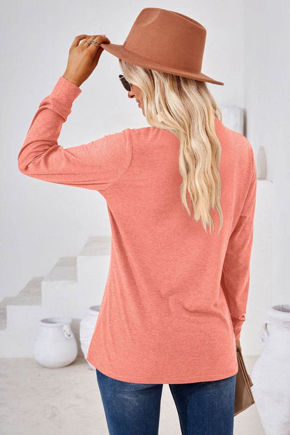 V-Neck Buttoned Long Sleeve Blouse Trendsi 22e816ad957e49808feaccb0b839937e-Max