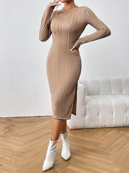 Honey Long Sleeve Slit Midi Dress Tan Trendsi 22efad5368f04bf3bd4d62a52af08c36-Max