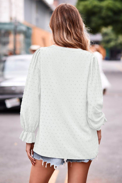 Swiss Dot Notched Neck Flounce Sleeve Blouse Trendsi 231044d33e564fdeac374937a3da31a6-Max
