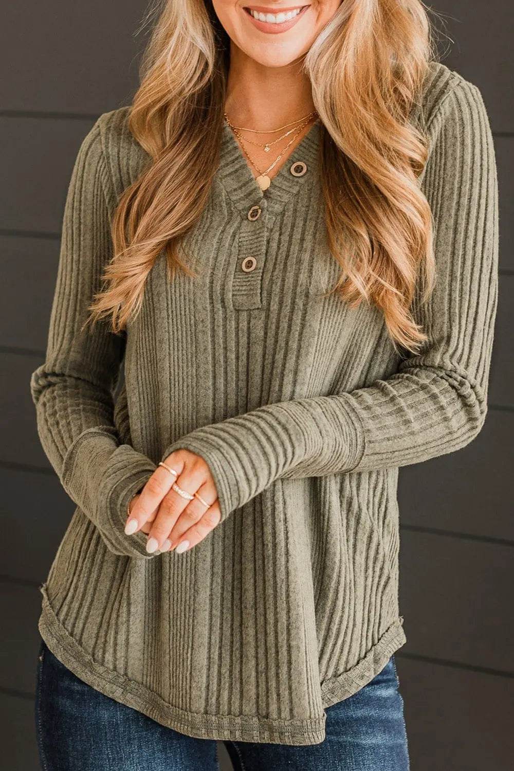 Ribbed Buttoned Long Sleeve Blouse Sage Trendsi 2333e3dac33b4d789ffa9ccabbdb5258-Max