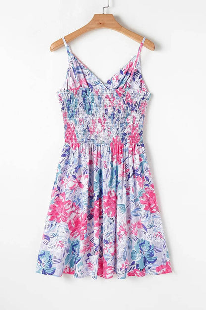 Floral Spaghetti Strap Surplice Neck Shirred Waist Mini Dress Trendsi 2363ee3d-237f-457e-aedf-1f7812e4e099-Max