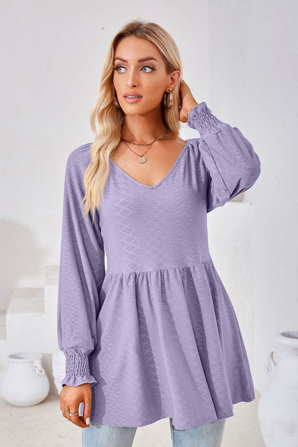 V-Neck Lantern Sleeve Blouse Trendsi 23b01c97f24046a69cb1ad3088bdccab-Max