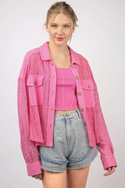 VERY J Button Up Long Sleeve Lace Shirt Pink Trendsi 23d7354c-e37d-4adc-80b8-f4451e734f35-Max