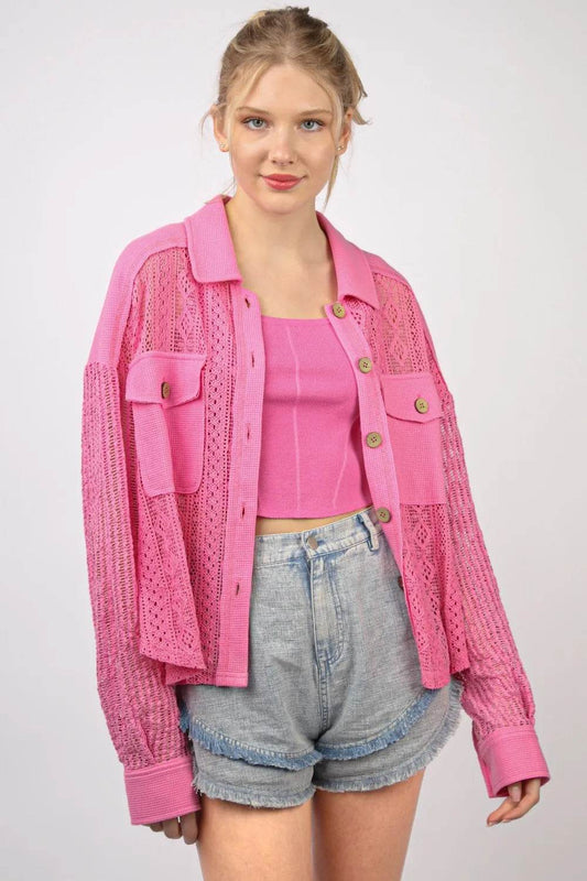 VERY J Button Up Long Sleeve Lace Shirt Pink Trendsi 23d7354c-e37d-4adc-80b8-f4451e734f35-Max