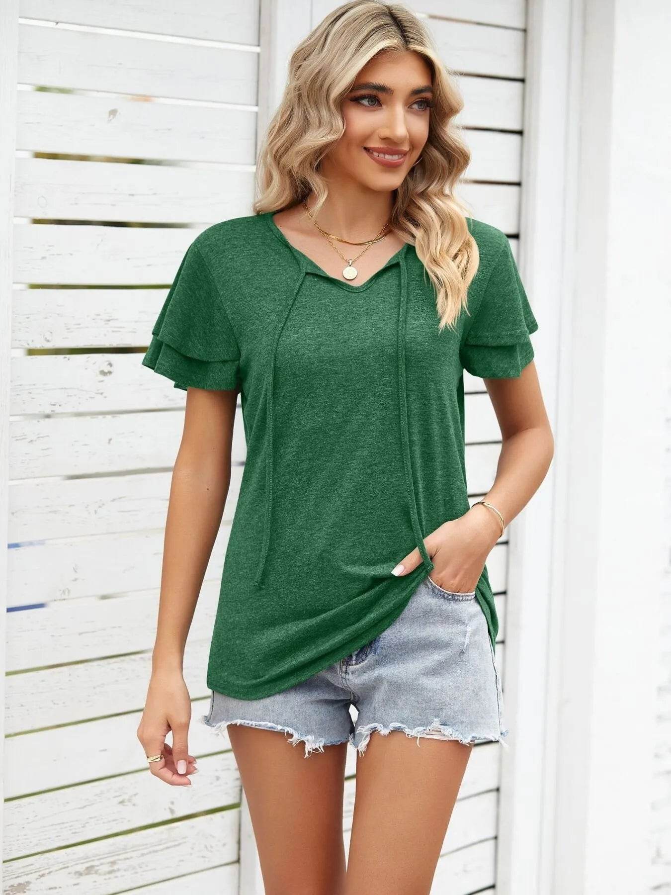 Ruffle Sleeve Keyhole Tie Neck T-Shirt Trendsi 23e52927c68f4bddb052caa473ab54db-Max-Origin