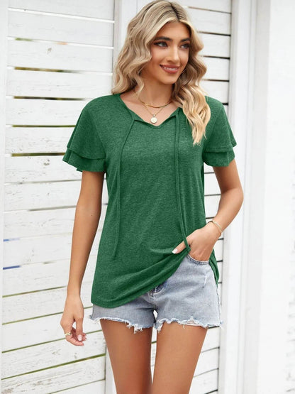 Ruffle Sleeve Keyhole Tie Neck T-Shirt Trendsi 23e52927c68f4bddb052caa473ab54db-Max-Origin