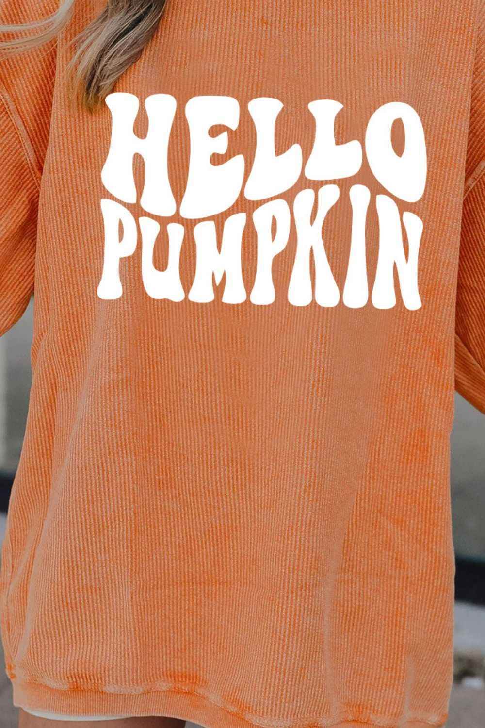 Round Neck Dropped Shoulder HELLO PUMPKIN Graphic Sweatshirt Trendsi 2404b9b54bb6470ea9cf7f576bfe133b-Max