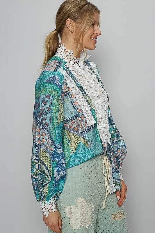 POL Lace Detail Printed Button Down Shirt Trendsi 2405996d-796c-4cec-ad92-2a0f4f3475ac-Max