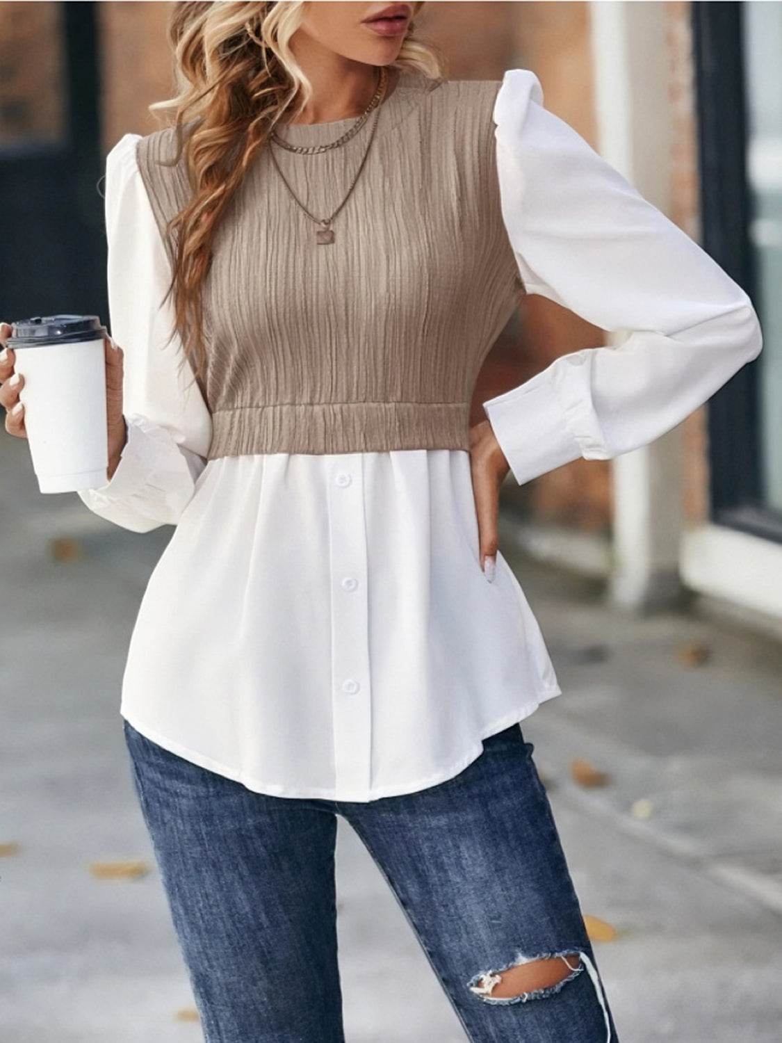 Contrast Round Neck Puff Sleeve Blouse Trendsi 242de4b922cf478085519c3627342794-Max