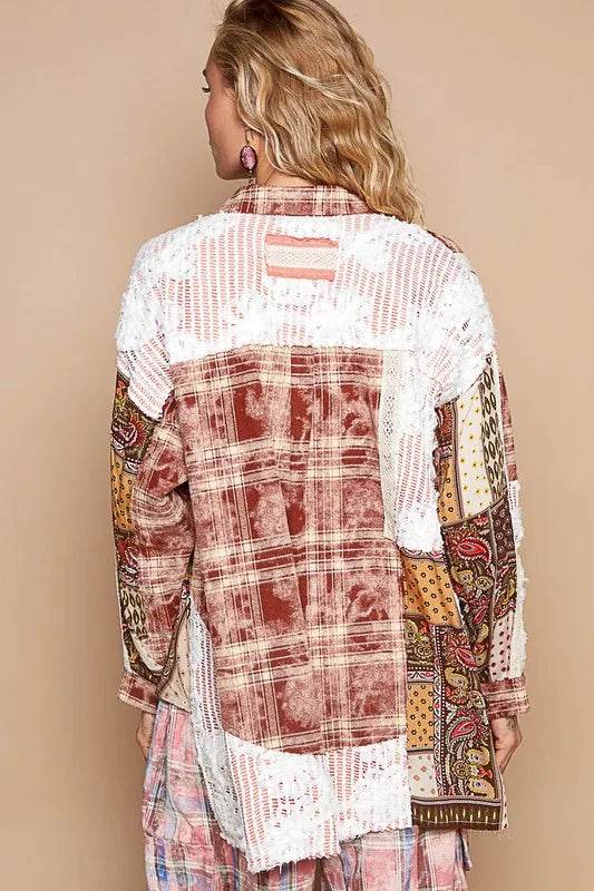 POL Crochet Plaid Patchwork Button Up Shirt Trendsi 2431cba1-72f4-439d-9c2e-6e34b57d12b6-Max