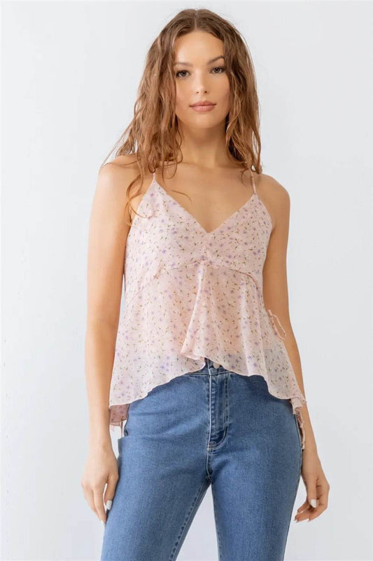 Miss Love / Kevin Co. Floral Print V-Neck Criss-Cross Back Flare Cami Pink Trendsi 2433a5db-1267-4ed8-ae3e-088da5be0dc1-Max