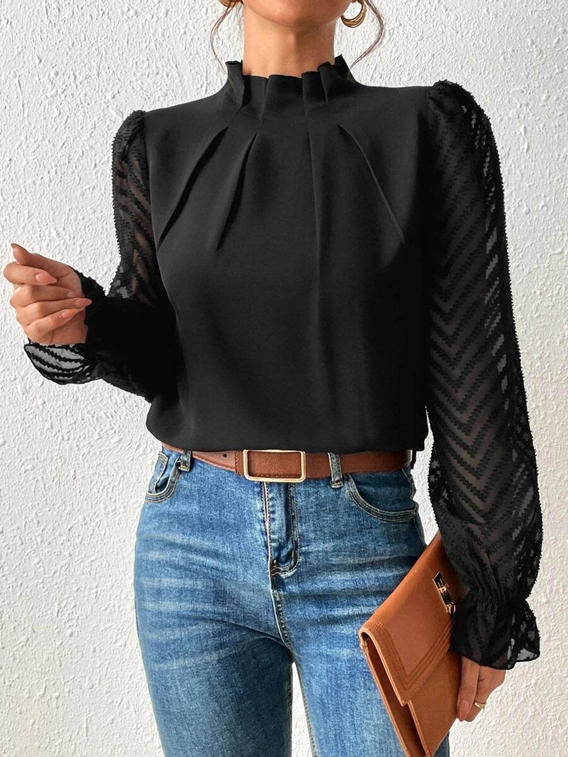 Mock Neck Flounce Sleeve Blouse Black Trendsi 2435551618ab44f5a3c9ad9f9ad00408-Max