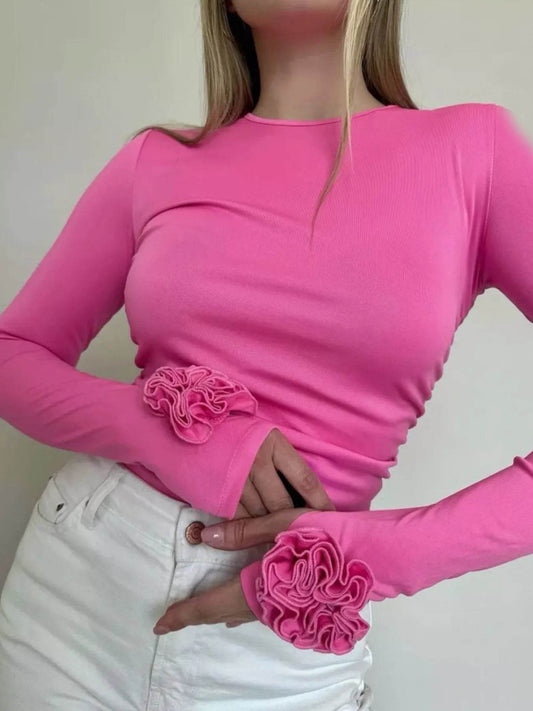 Flower Round Neck Long Sleeve T-Shirt Hot Pink Trendsi 243583d434314eaaa9bcf1c376c812c8-Max-Origin