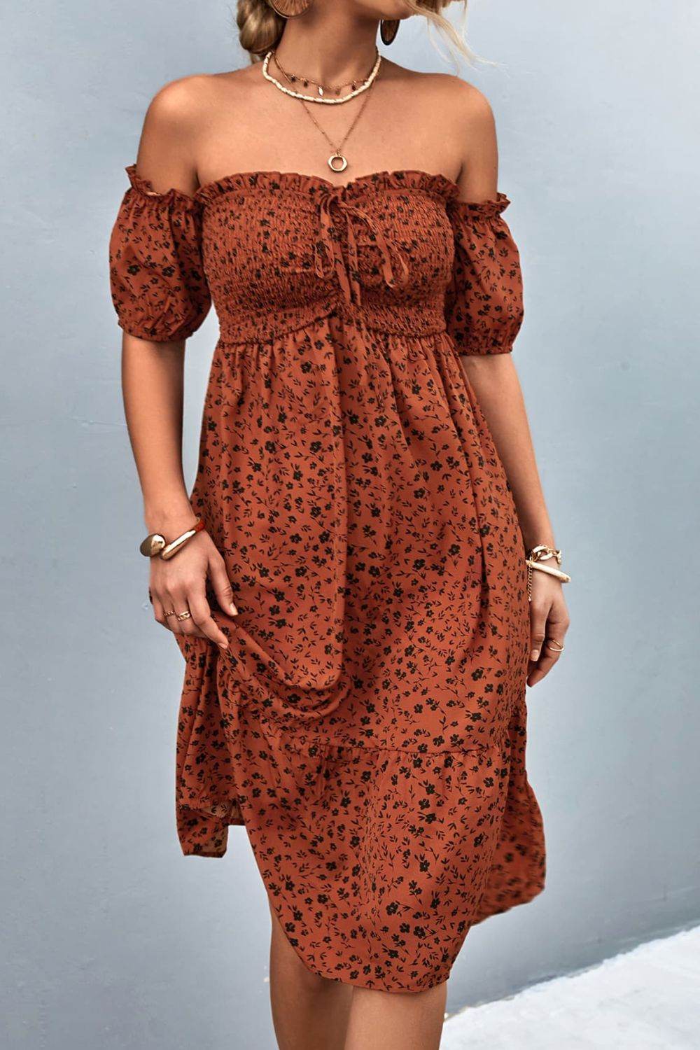 Ditsy Floral Smocked Frill Trim Off-Shoulder Dress Brown Trendsi 245623dd0fdb4b6980caf1f9d8052672-Max