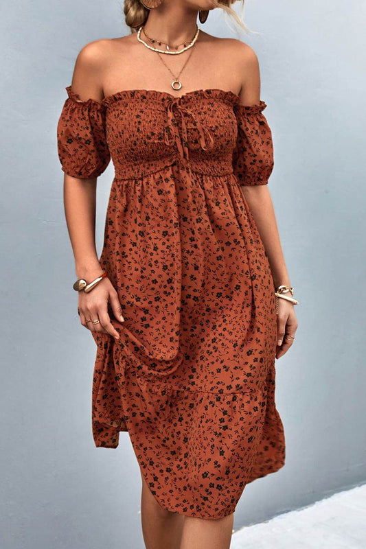 Ditsy Floral Smocked Frill Trim Off-Shoulder Dress Brown Trendsi 245623dd0fdb4b6980caf1f9d8052672-Max