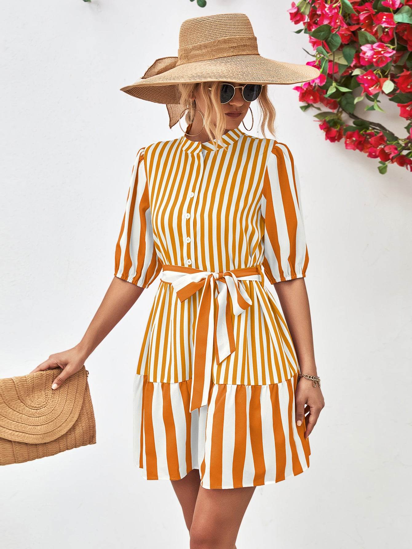 Striped Half Sleeve Tie Waist Mini Dress Gold Trendsi 246395a1646745c48e71699cfa43b8da-Max