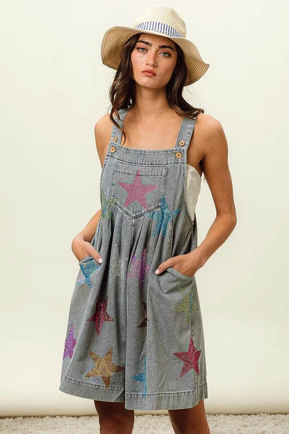 BiBi Star Rhinestone Washed Wide Leg Shortalls LT DENIM Trendsi 24697b4548304e2785c735257223d56e-Max-Origin