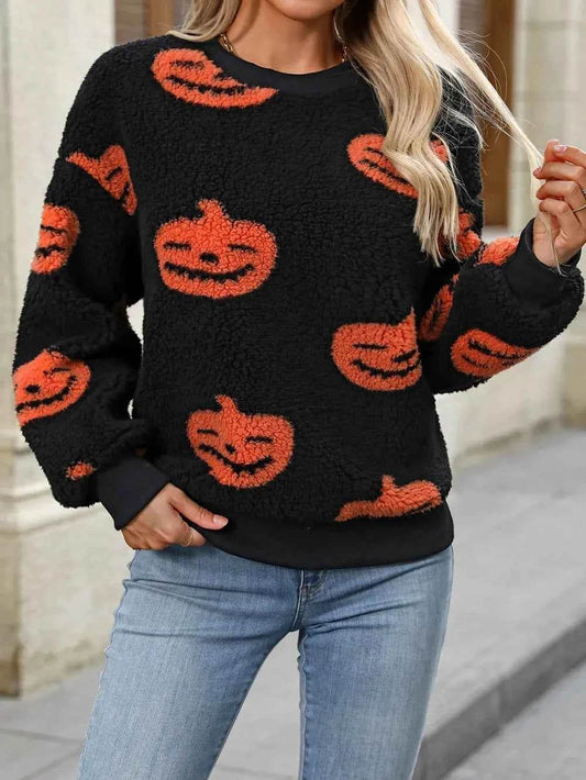 Fuzzy Pumpkin Round Neck Dropped Shoulder Sweater Orange Trendsi 246eca0c-d54d-4158-9ee9-e7c6fd064fe1-Max
