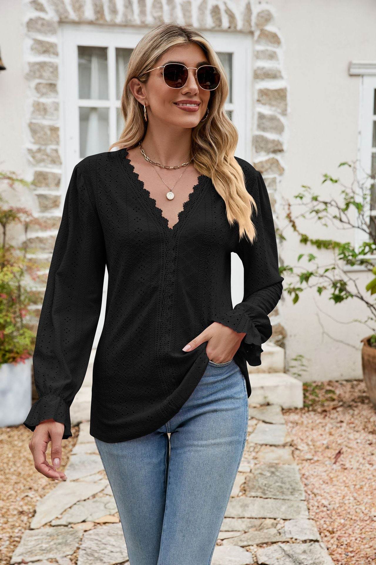 Eyelet Lace Trim Flounce Sleeve Blouse Black Trendsi 2479b737b6904809bcf213f4fc37473e-Max