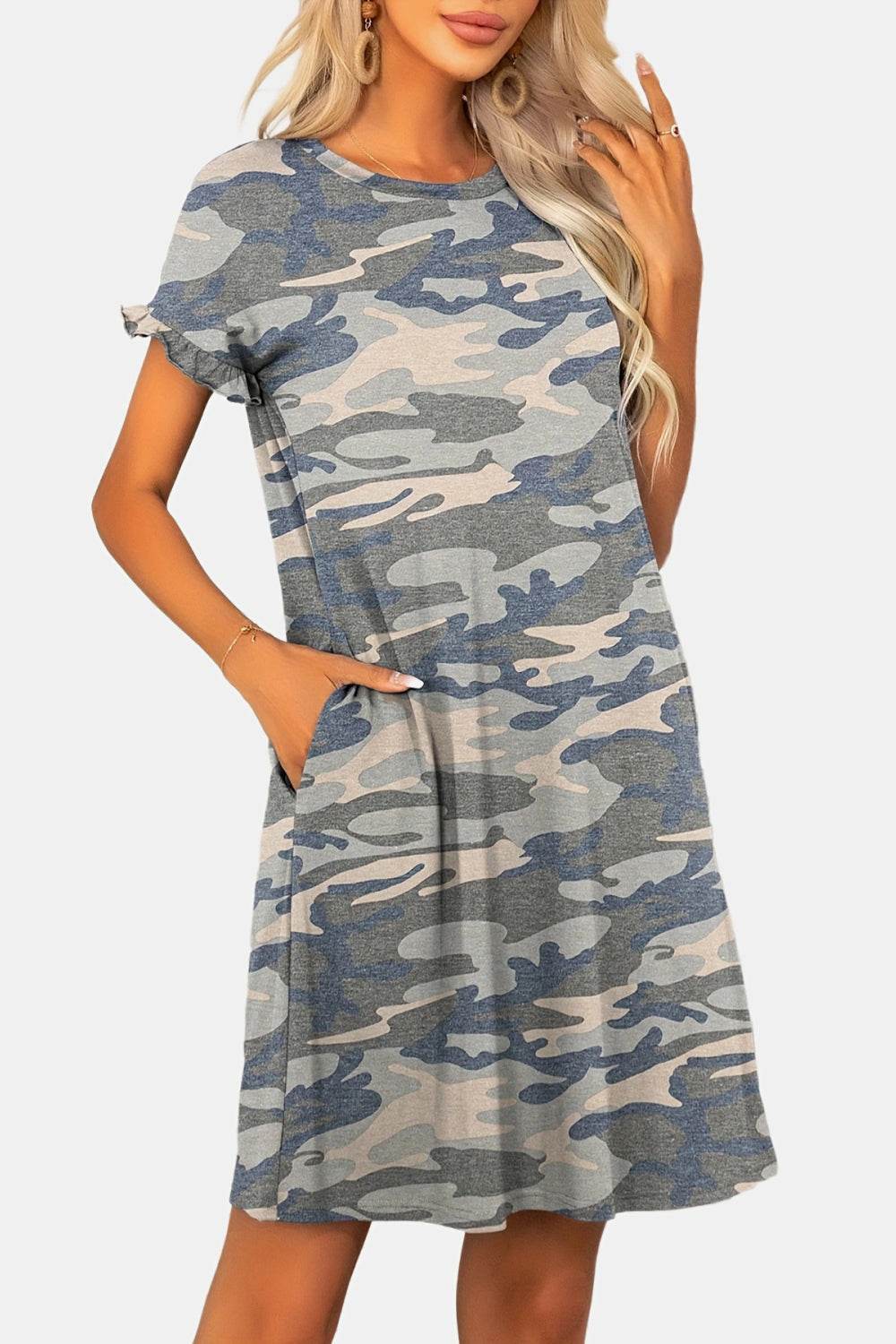 Flounce Sleeve Round Neck Dress with Pockets Green Camouflage Trendsi 247d216519024561b823bd5a229a247e-Max
