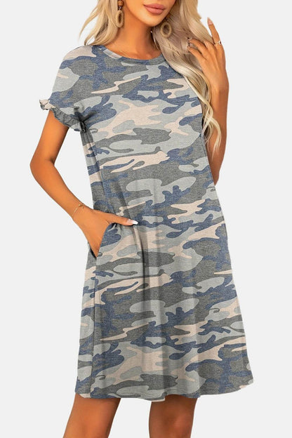 Flounce Sleeve Round Neck Dress with Pockets Green Camouflage Trendsi 247d216519024561b823bd5a229a247e-Max