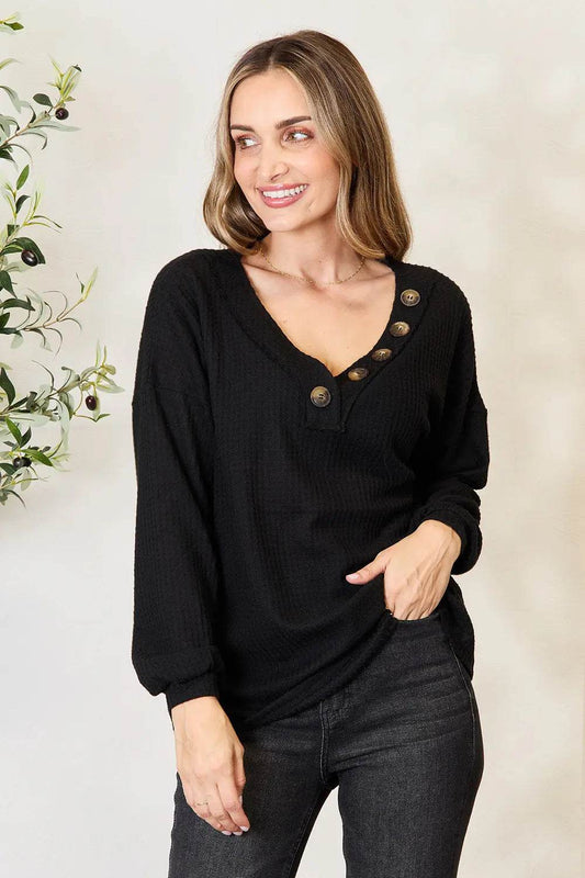 Zenana Buttoned Long Sleeve Blouse Trendsi 24a2267cde4145b28df4e27f362eb5ea-Max