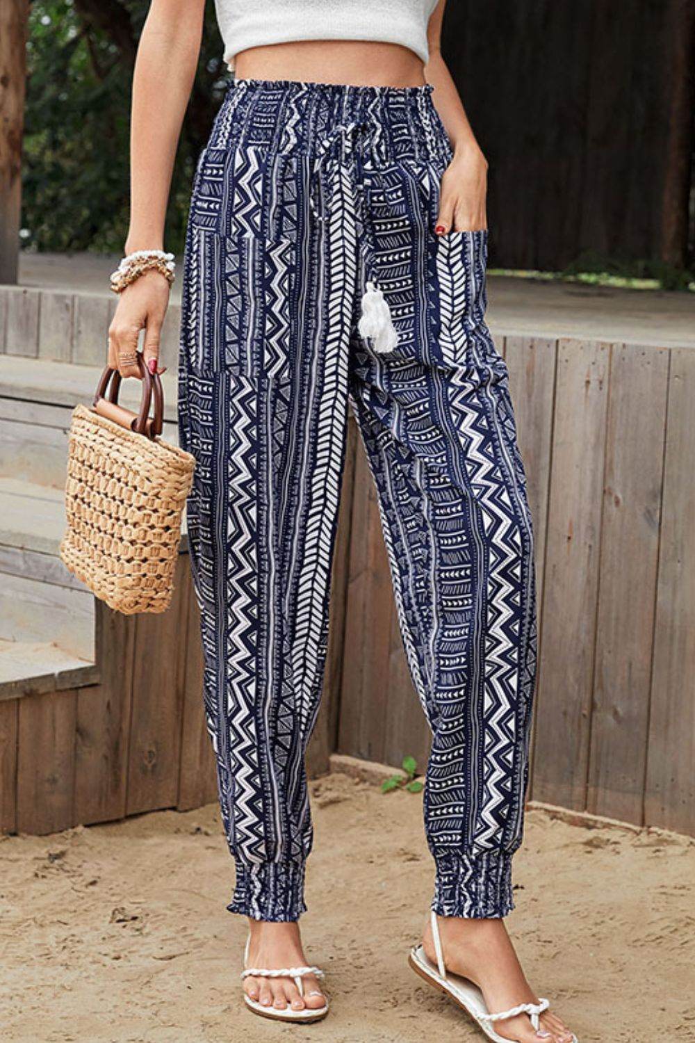 Perfee Geometric Print Tassel High-Rise Pants Dark Blue Trendsi 24cea3f414c2426dacdd773b822b5fdc-Max