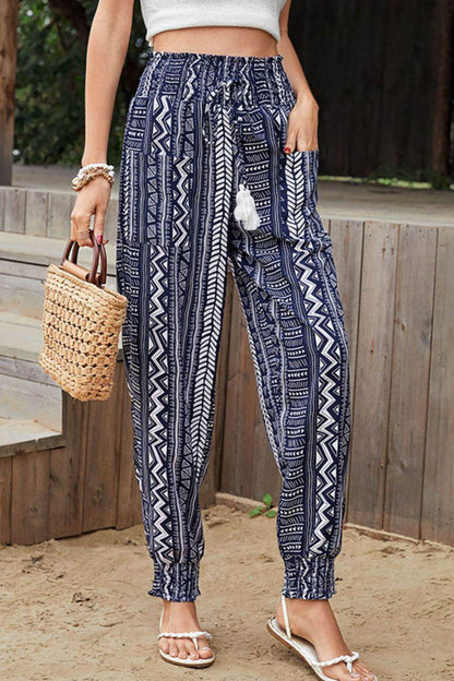 Perfee Geometric Print Tassel High-Rise Pants Dark Blue Trendsi 24cea3f414c2426dacdd773b822b5fdc-Max